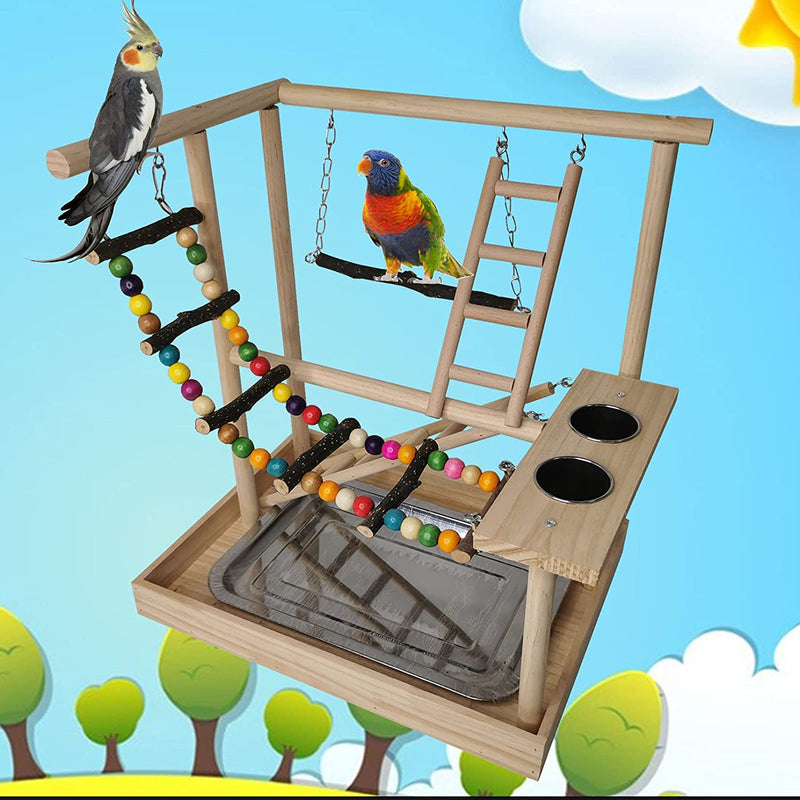 Hamiledyi Parrots Playground, Bird Play Gym Wood Perch Stand Colours Climb Ladders Swing Chewing Toys with Parakeet Feeding Cups Exercise Activity Center for Conure Cockatiel Lovebirds(Include a Tray)