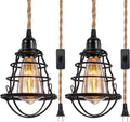 Industrial Pendant Lighting 3 Pack, Asnxcju Adjustable Hanging Light Fixtures, Farmhouse Vintage Mini Hanging Pendant Lamp with Black Metal Cage Shade for Kitchen Island, Living Room, Hallway Home & Garden > Lighting > Lighting Fixtures Asnxcju 2p(hemp Cord)  