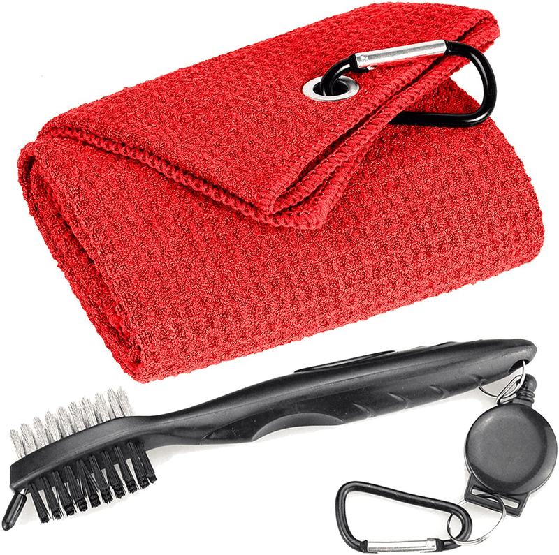 Aebor Golf Towels, Microfiber Waffle Pattern Tri-fold Golf Towel - Brush Tool Kit with Club Groove Cleaner, with Clip Men Women Golf Gifts (Black Towel+Black Brush)  Aebor Red Towel+black Brush  