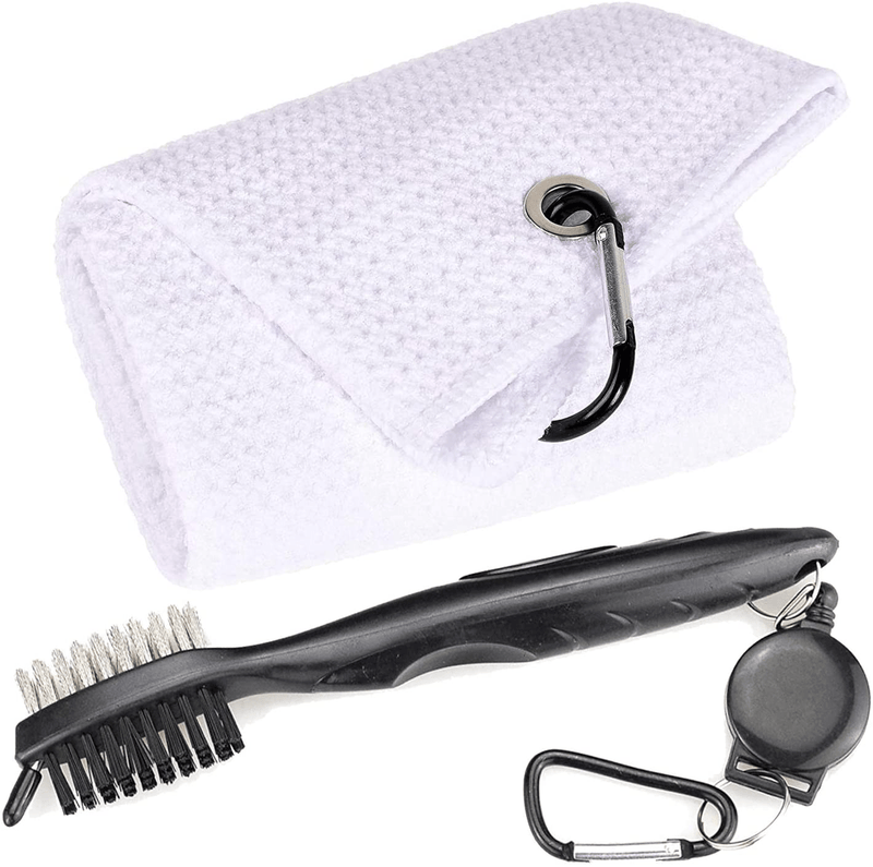 Aebor Golf Towels, Microfiber Waffle Pattern Tri-fold Golf Towel - Brush Tool Kit with Club Groove Cleaner, with Clip Men Women Golf Gifts (Black Towel+Black Brush)  Aebor White Towel+black Brush  