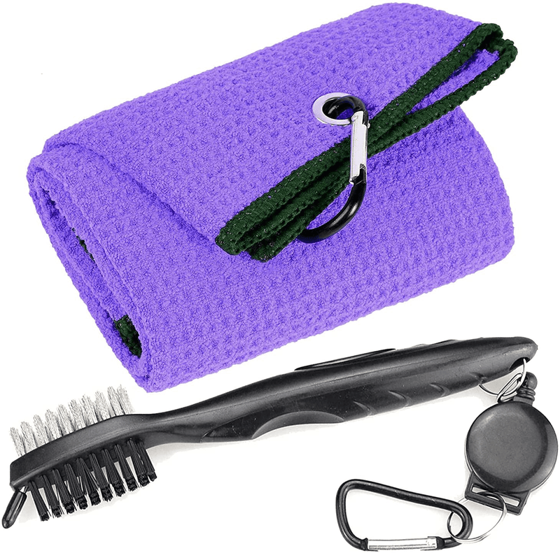 Aebor Golf Towels, Microfiber Waffle Pattern Tri-fold Golf Towel - Brush Tool Kit with Club Groove Cleaner, with Clip Men Women Golf Gifts (Black Towel+Black Brush)  Aebor Purple Towel+black Brush  