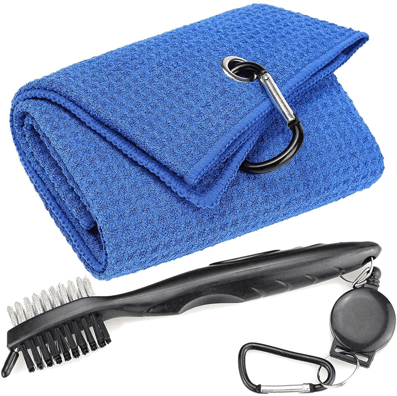 Aebor Golf Towels, Microfiber Waffle Pattern Tri-fold Golf Towel - Brush Tool Kit with Club Groove Cleaner, with Clip Men Women Golf Gifts (Black Towel+Black Brush)
