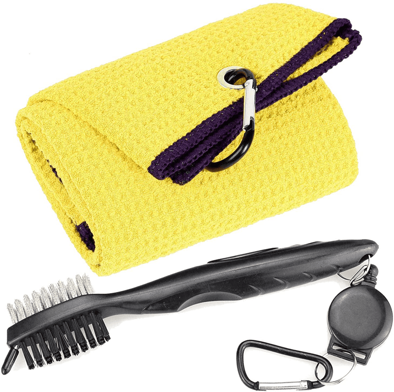 Aebor Golf Towels, Microfiber Waffle Pattern Tri-fold Golf Towel - Brush Tool Kit with Club Groove Cleaner, with Clip Men Women Golf Gifts (Black Towel+Black Brush)  Aebor Yellow Towel+black Brush  