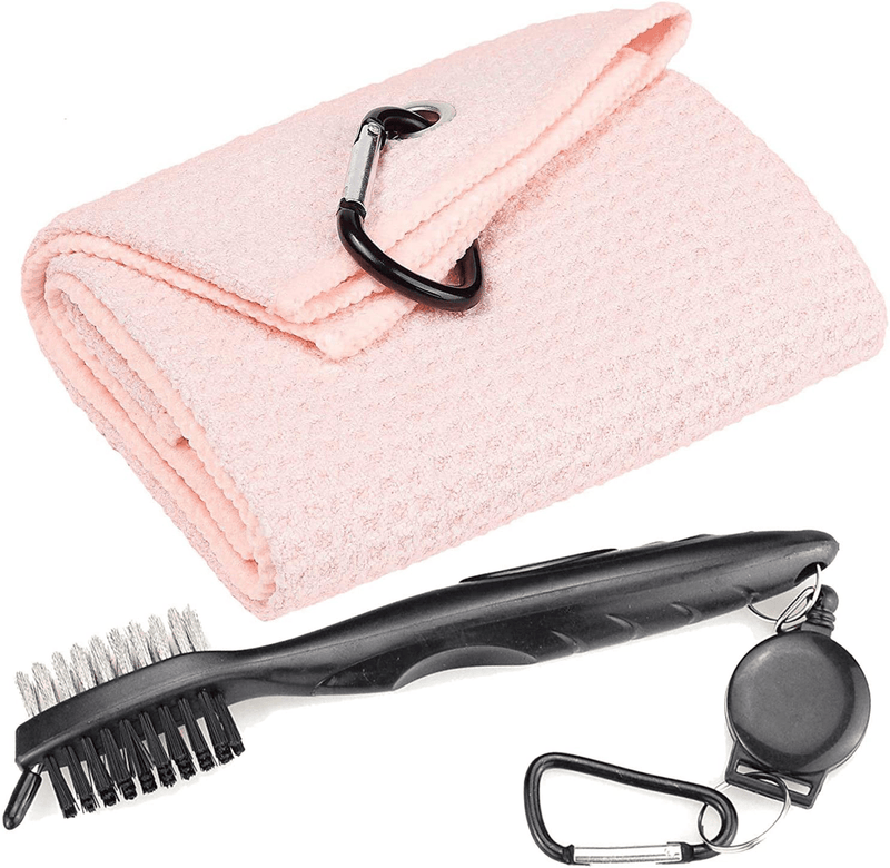 Aebor Golf Towels, Microfiber Waffle Pattern Tri-fold Golf Towel - Brush Tool Kit with Club Groove Cleaner, with Clip Men Women Golf Gifts (Black Towel+Black Brush)  Aebor Pink Towel+black Brush  