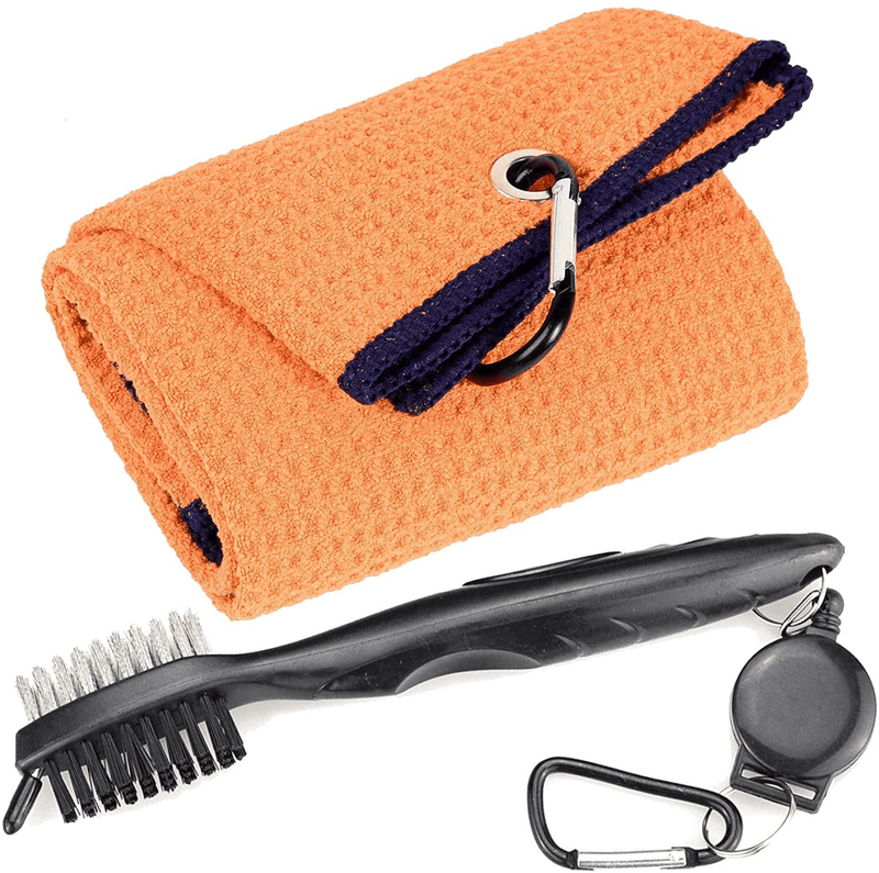 Aebor Golf Towels, Microfiber Waffle Pattern Tri-fold Golf Towel - Brush Tool Kit with Club Groove Cleaner, with Clip Men Women Golf Gifts (Black Towel+Black Brush)  Aebor Orange Towel+black Brush  