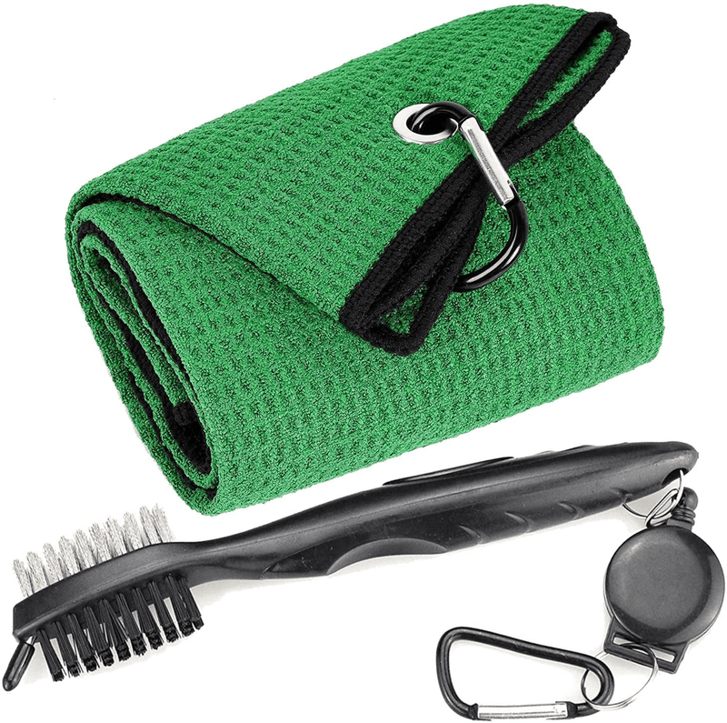 Aebor Golf Towels, Microfiber Waffle Pattern Tri-fold Golf Towel - Brush Tool Kit with Club Groove Cleaner, with Clip Men Women Golf Gifts (Black Towel+Black Brush)  Aebor Green Towel+black Brush  
