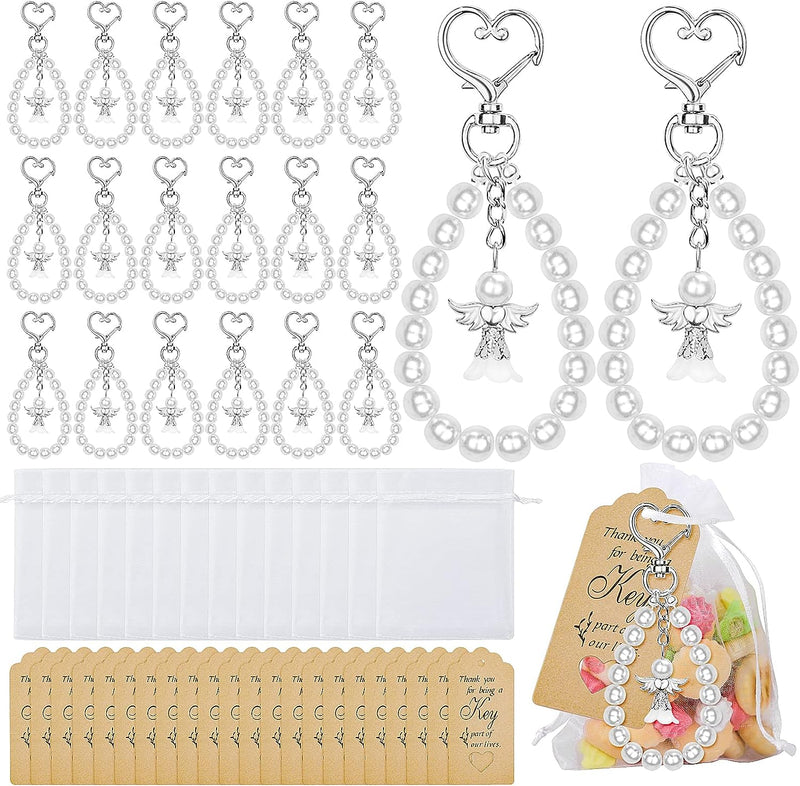 Dreamtop 20 Sets of Angel Keychains Favor, Pearl Beads Angel Pendant Keychain Guardian Angel Keychain with Thank You Tags Drawstring Organza Bag for Wedding Baby Shower Baptism Party Favors for Guest  Dreamtop   