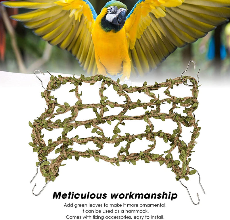 Bird Rope Net, Bird Cage Accessories Hemp Rope 12.2 X 9.8In Natural Climbing Net with Green Fake Leaves 4 Hooks for Hamsters for All Kinds of Parrots
