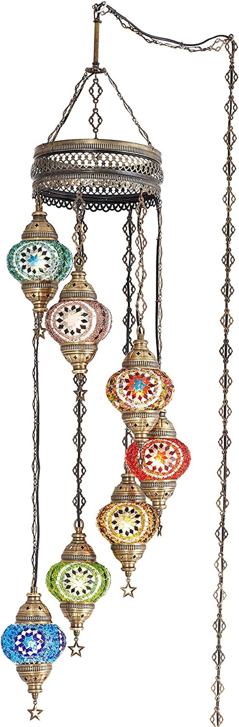 7 Globes Swag Plug in Turkish Moroccan Mosaic Bohemian Tiffany Ceiling Hanging Pendant Light Lamp Chandelier Lighting with 15Feet Cord Chain and Plug, 50" Height (Multicolor)