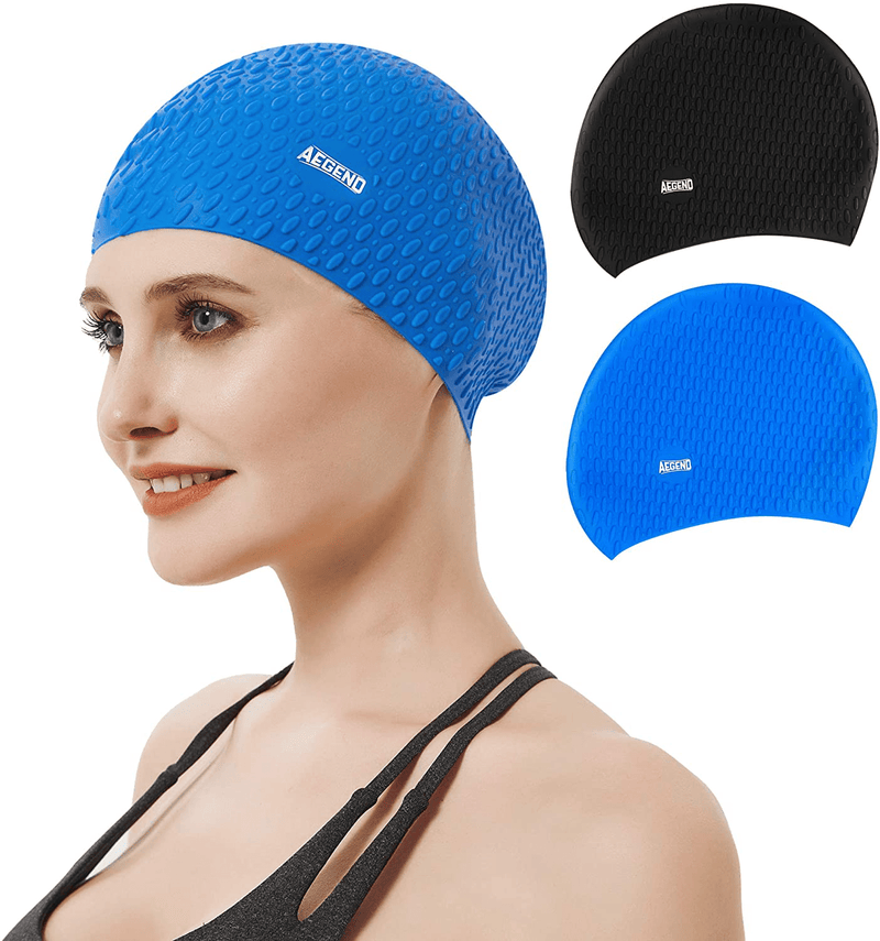 Aegend Swim Cap for Women and Men, 2 Pack Silicone Swimming Caps for Long Hair, Swim Caps with Non-Slip Texture and Excellent Elasticity, Easy to Put On and Off Sporting Goods > Outdoor Recreation > Boating & Water Sports > Swimming > Swim Caps Aegend Black&Blue  