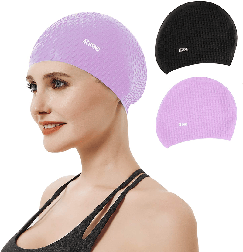 Aegend Swim Cap for Women and Men, 2 Pack Silicone Swimming Caps for Long Hair, Swim Caps with Non-Slip Texture and Excellent Elasticity, Easy to Put On and Off Sporting Goods > Outdoor Recreation > Boating & Water Sports > Swimming > Swim Caps Aegend Black&Purple  