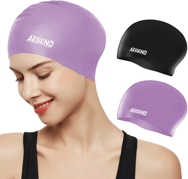 Aegend Swim Caps for Long Hair (2 Pack), Durable Silicone Swimming Caps for Women Men Adults Youths Kids, Easy to Put On and Off, 4 Colors Sporting Goods > Outdoor Recreation > Boating & Water Sports > Swimming > Swim Caps Aegend Purple Black  