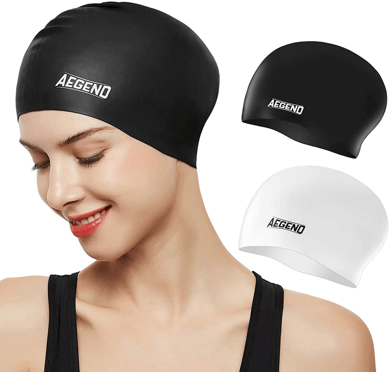 Aegend Swim Caps for Long Hair (2 Pack), Durable Silicone Swimming Caps for Women Men Adults Youths Kids, Easy to Put On and Off, 4 Colors Sporting Goods > Outdoor Recreation > Boating & Water Sports > Swimming > Swim Caps Aegend White Black  
