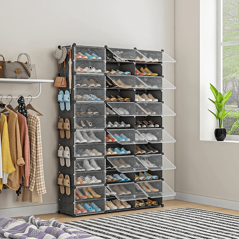 Aeitc 72 Pairs Shoe Rack Organizer Shoe Organizer Expandable Shoe Storage Cabinet Narrow Standing Stackable Space Saver Shoe Rack for Entryway, Closet with Hook and Side Shelf,48"X12"X72" Furniture > Cabinets & Storage > Armoires & Wardrobes Aeitc   
