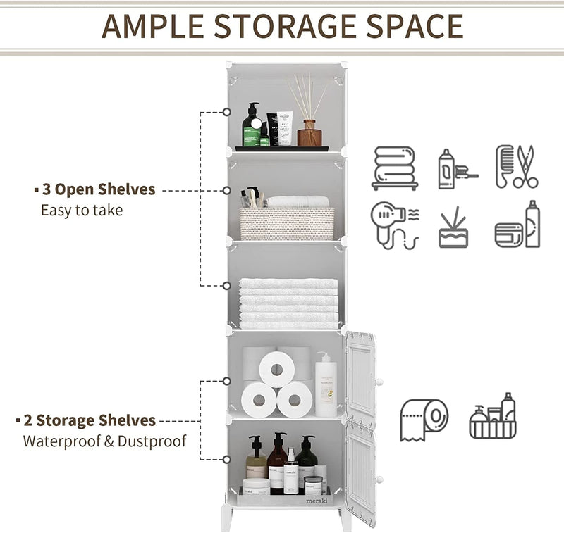 Aeitc Cube Storage Organizer 5-Cube Slim Cabinet for Bathroom Shelves Plastic Storage with Doors, Kitchen, Pantry, White Home & Garden > Household Supplies > Storage & Organization Aeitc   