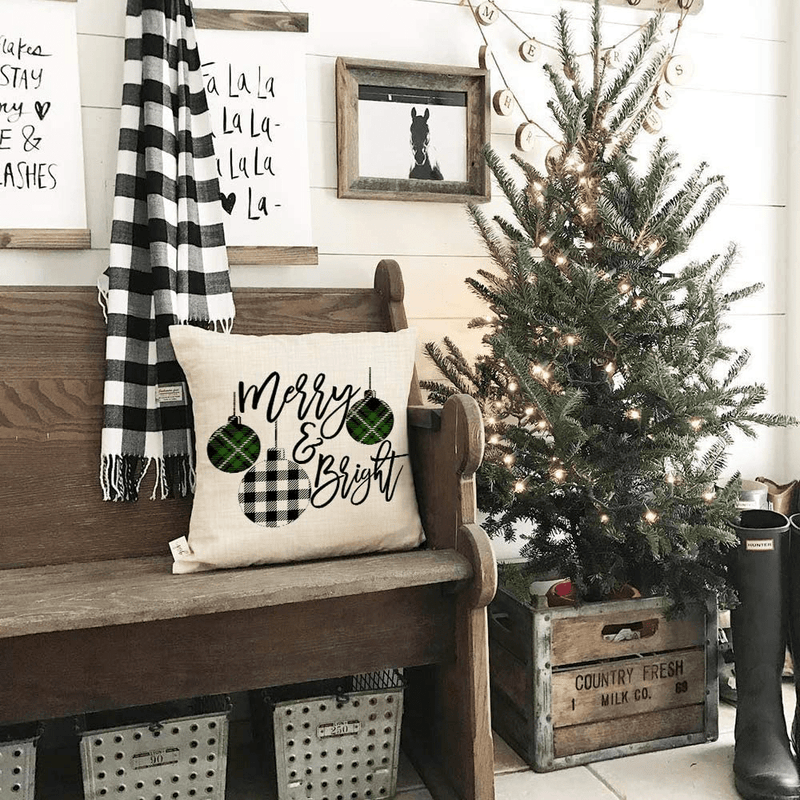 AENEY Christmas Decorations Pillow Covers 18x18 Set of 4 Marry Bright Buffalo Plaid Tree Christmas Pillows Rustic Winter Holiday Xmas Throw Pillows Farmhouse Christmas Decor Truck for Couch A281 Home & Garden > Decor > Seasonal & Holiday Decorations& Garden > Decor > Seasonal & Holiday Decorations AENEY   