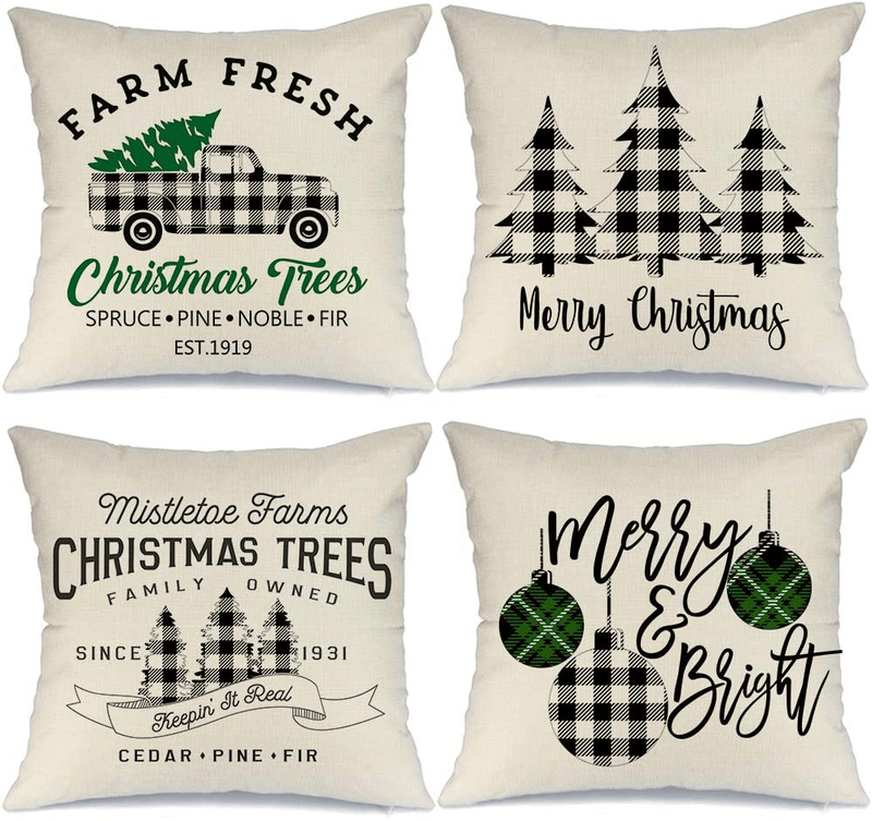 AENEY Christmas Decorations Pillow Covers 18x18 Set of 4 Marry Bright Buffalo Plaid Tree Christmas Pillows Rustic Winter Holiday Xmas Throw Pillows Farmhouse Christmas Decor Truck for Couch A281 Home & Garden > Decor > Seasonal & Holiday Decorations& Garden > Decor > Seasonal & Holiday Decorations AENEY Black 20"x20" 