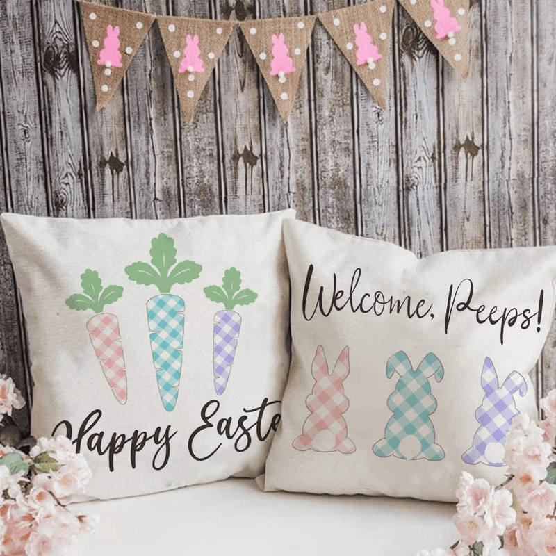 AENEY Easter Pillow Covers 18X18 Set of 4 Easter Decor for Home Happy Easter Bunny Easter Eggs Carrots Gnomes Easter Pillows Decorative Throw Pillows Farmhouse Easter Decorations A340-18