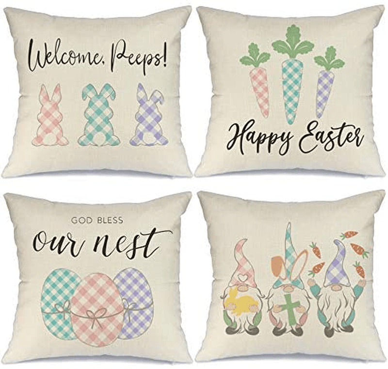 AENEY Easter Pillow Covers 18X18 Set of 4 Easter Decor for Home Happy Easter Bunny Easter Eggs Carrots Gnomes Easter Pillows Decorative Throw Pillows Farmhouse Easter Decorations A340-18