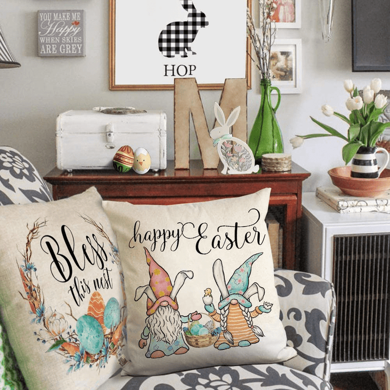 AENEY Easter Pillow Covers 18X18 Set of 4 Easter Decor for Home Happy Easter Bunny Easter Eggs Gnomes Carrots Truck Easter Pillows Decorative Throw Pillows Farmhouse Easter Decorations A338-18 Home & Garden > Decor > Seasonal & Holiday Decorations AENEY   