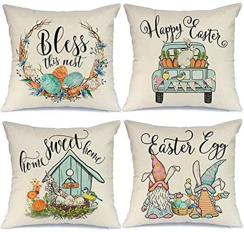 AENEY Easter Pillow Covers 18X18 Set of 4 Easter Decor for Home Happy Easter Bunny Easter Eggs Gnomes Carrots Truck Easter Pillows Decorative Throw Pillows Farmhouse Easter Decorations A338-18 Home & Garden > Decor > Seasonal & Holiday Decorations AENEY Multicolor 16"x16" 