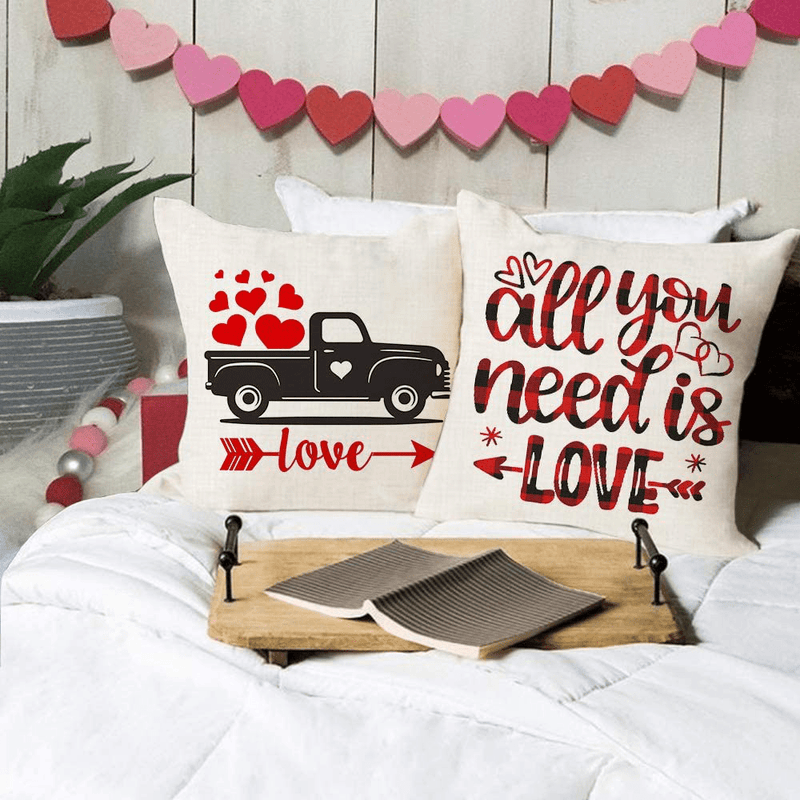 AENEY Valentines Day Pillow Covers 18X18 Inch Set of 4 for Home Decor Red Black Buffalo Check Heart Love Truck Decor Valentines Day Throw Pillows Decorative Cushion Cases Valentine Decorations A285