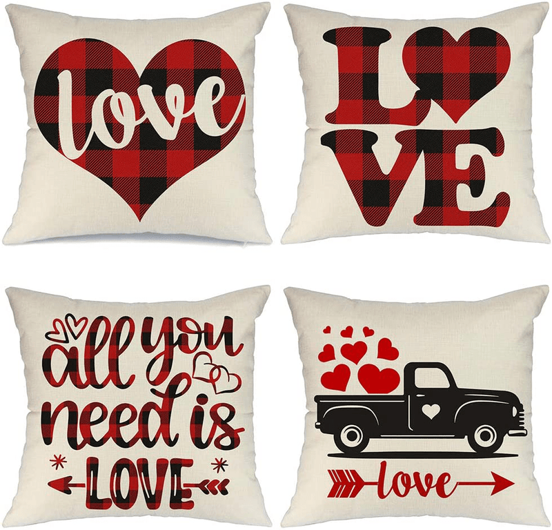AENEY Valentines Day Pillow Covers 18X18 Inch Set of 4 for Home Decor Red Black Buffalo Check Heart Love Truck Decor Valentines Day Throw Pillows Decorative Cushion Cases Valentine Decorations A285 Home & Garden > Decor > Seasonal & Holiday Decorations AENEY Red 16"x16" 