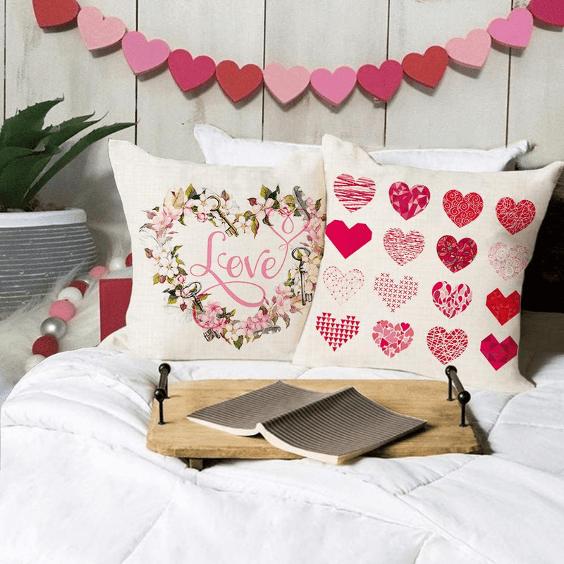 AENEY Valentines Day Pillow Covers 18X18 Inch Set of 4 for Valentines Decor Red Heart Tree and Love Bicycle Decor Valentines Day Throw Pillows Decorative Cushion Cases Valentine Decorations A288 Home & Garden > Decor > Chair & Sofa Cushions AENEY   