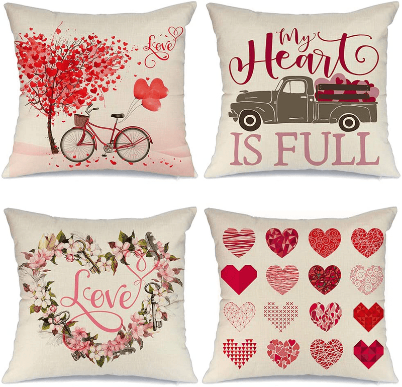 AENEY Valentines Day Pillow Covers 18X18 Inch Set of 4 for Valentines Decor Red Heart Tree and Love Bicycle Decor Valentines Day Throw Pillows Decorative Cushion Cases Valentine Decorations A288 Home & Garden > Decor > Chair & Sofa Cushions AENEY Multicolor 20"x20" 