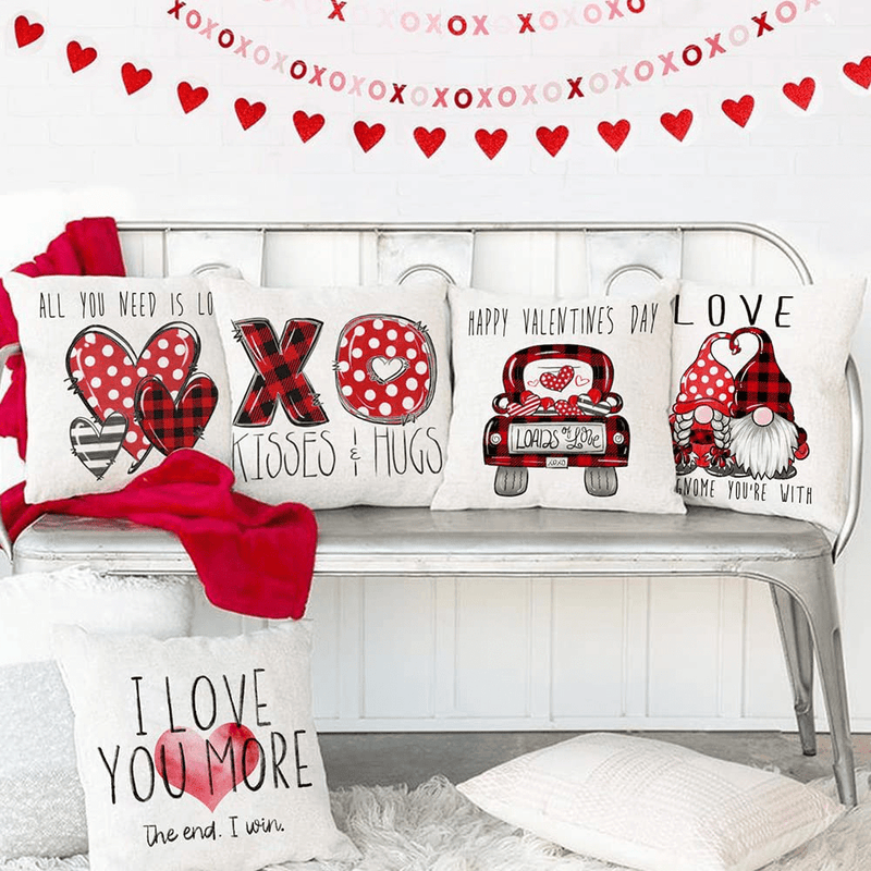 AENEY Valentines Day Pillow Covers 18X18 Set of 4 Red Black Buffalo Plaid Polka Dots Love Heart Truck Decor Valentines Day Throw Pillows Decorative Cushion Cases Valentine Decorations A457-18 Home & Garden > Decor > Chair & Sofa Cushions AENEY   
