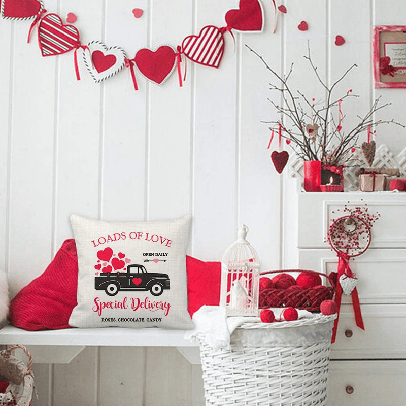 AENEY Valentines Day Pillow Covers 18X18 Set of 4 Valentines Day Decor for Home Love Heart Arrow Truck Cupid Valentine Pillows Decorative Throw Pillows Farmhouse Valentines Day Decorations A316-18