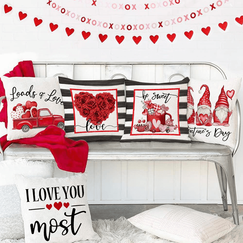 AENEY Valentines Day Pillow Covers Set of 4 16X16 Farmhouse Valentines Day Decor for Home Red Truck Roses Heart Gnomes Valentine Pillows Decorative Throw Pillows Valentines Day Decorations A447-16 Home & Garden > Decor > Seasonal & Holiday Decorations AENEY   
