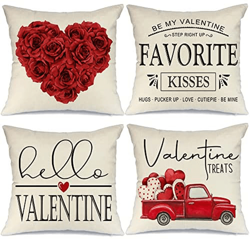 AENEY Valentines Day Pillow Covers Set of 4 18X18 Farmhouse Valentines Day Decor for Home Red Truck Roses Heart Hello Valentine Pillows Decorative Throw Pillows Valentines Day Decorations A449-18 Home & Garden > Decor > Seasonal & Holiday Decorations AENEY   