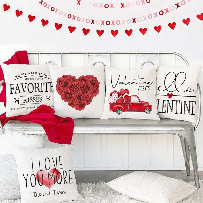 AENEY Valentines Day Pillow Covers Set of 4 18X18 Farmhouse Valentines Day Decor for Home Red Truck Roses Heart Hello Valentine Pillows Decorative Throw Pillows Valentines Day Decorations A449-18