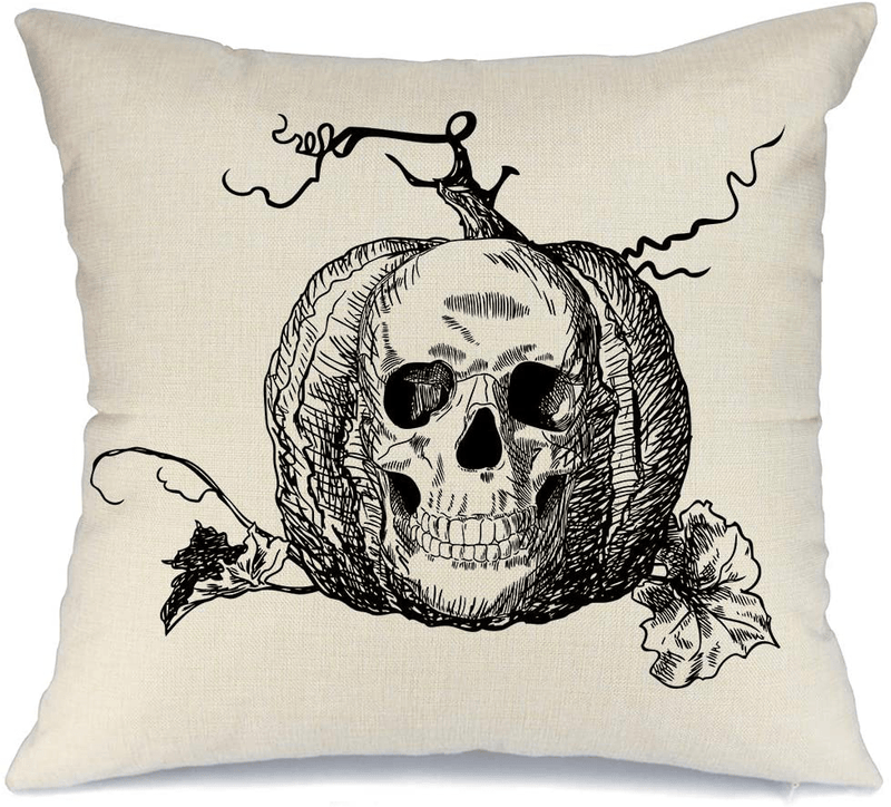 AENEY Wicked Halloween Skull Pumpkin Throw Pillow Cover 18 x 18 for Couch Wicked Vintage Fall Decorations Farmhouse Home Decor Autumn Black Decorative Pillowcase Cotton Linen Square Cushion Case Arts & Entertainment > Party & Celebration > Party Supplies AENEY Default Title  