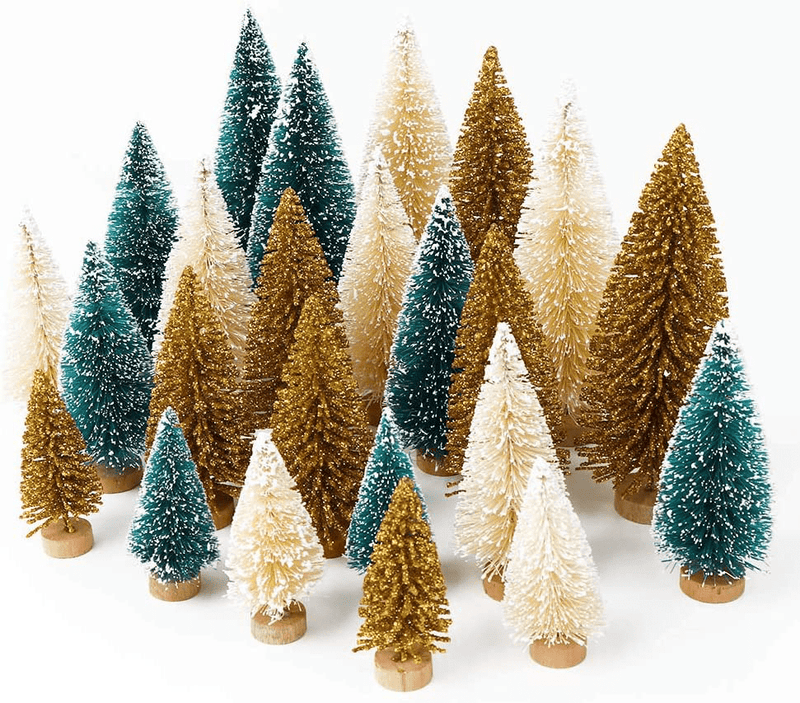 AerWo 24PCS Artificial Mini Christmas Trees, Upgrade Sisal Trees with Wood Base Bottle Brush Trees for Christmas Table Top Decor Winter Crafts Ornaments Green, Gold and Ivory Home & Garden > Decor > Seasonal & Holiday Decorations > Christmas Tree Stands AerWo Gold White Green  