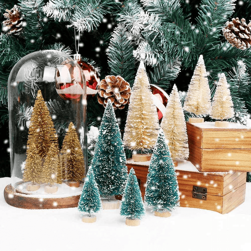 AerWo 24PCS Artificial Mini Christmas Trees, Upgrade Sisal Trees with Wood Base Bottle Brush Trees for Christmas Table Top Decor Winter Crafts Ornaments Green, Gold and Ivory Home & Garden > Decor > Seasonal & Holiday Decorations > Christmas Tree Stands AerWo   
