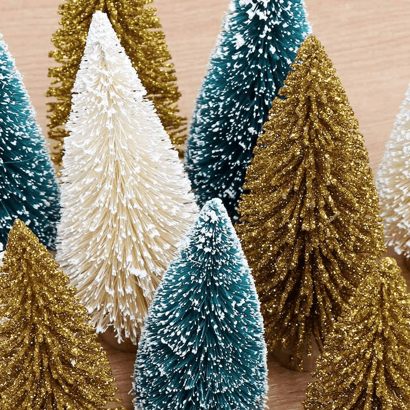 AerWo 24PCS Artificial Mini Christmas Trees, Upgrade Sisal Trees with Wood Base Bottle Brush Trees for Christmas Table Top Decor Winter Crafts Ornaments Green, Gold and Ivory Home & Garden > Decor > Seasonal & Holiday Decorations > Christmas Tree Stands AerWo   