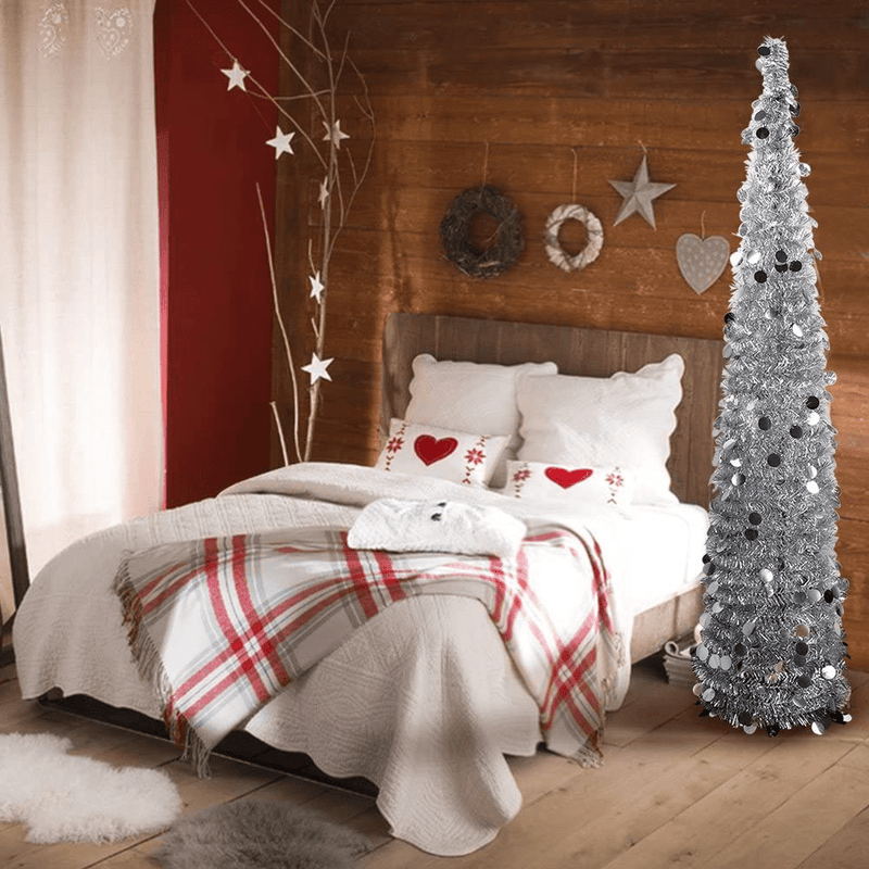 AerWo 5ft Pop Up Christmas Tinsel Tree with Stand, Gorgeous Collapsible Artificial Christmas Tree for Christmas Decorations, Silver Home & Garden > Decor > Seasonal & Holiday Decorations > Christmas Tree Stands AerWo   