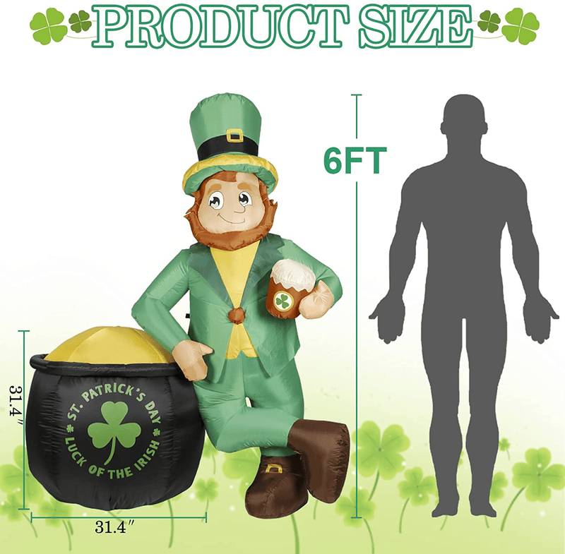 Aerwo 6 FT St Patricks Day Inflatable Blow up Yard Decorations, Lighted Inflatable Leprechaun Holding Beer Leaning on the Pot with Build-In Leds for Lucky Day Indoor Outdoor Yard Garden Decorations