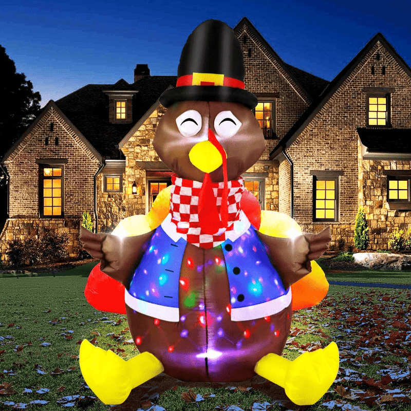 AerWo 6ft Inflatable Turkey Outdoor Thanksgiving Decoration, Blow Up Turkey Inflatable Built-in Colorful LED Rotating Lights with Stakes, Sandbag, for Fall Yard Lawn Party Holiday Decorations