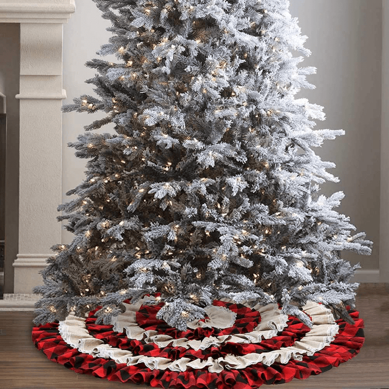 AerWo Buffalo Plaid Christmas Tree Skirt 48 inches, 6 Layers Ruffled Red and Black Buffalo Check Christmas Tree Skirt Burlap Xmas Tree Skirt for Holiday Christmas Decorations