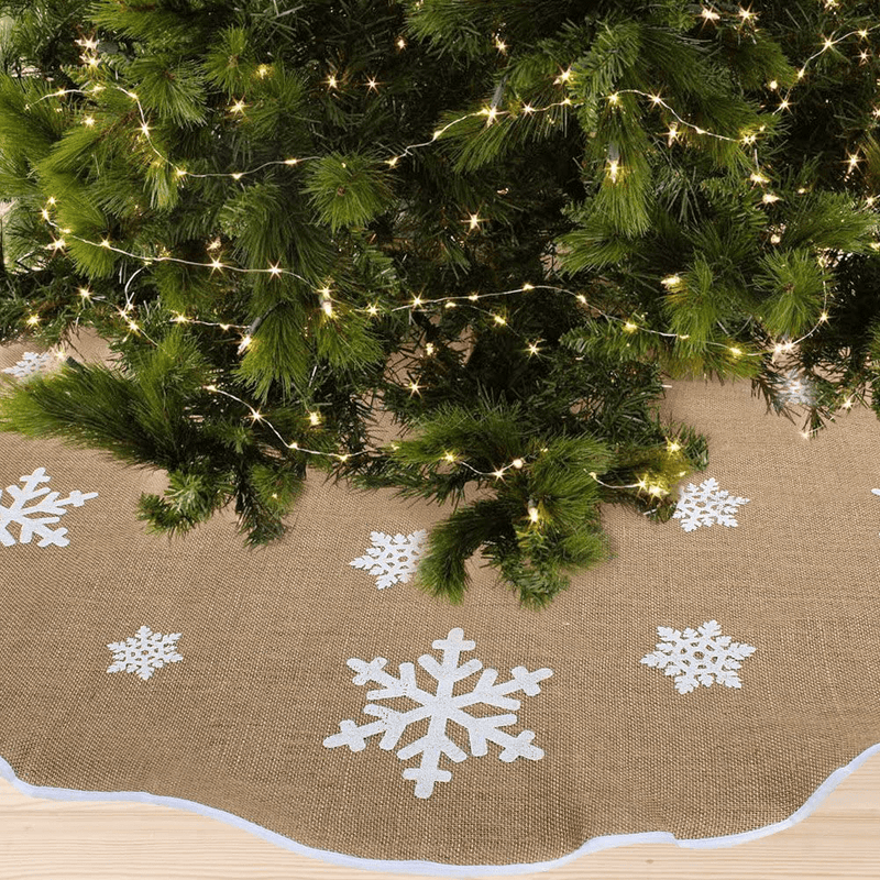 AerWo Burlap Snowflake Christmas Tree Skirt Ornament 48inch Diameter Christmas Decoration New Year Party Supply Home & Garden > Decor > Seasonal & Holiday Decorations > Christmas Tree Skirts AerWo   