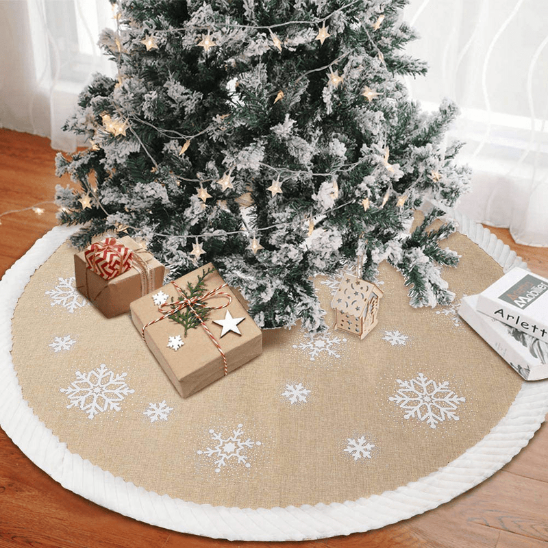 AerWo Burlap Tree Skirt 48-inch Christmas Tree Skirt with Snowflake Pattern Christmas Tree Decorations Farmhouse Christmas Tree Skirt for Christmas Decoration New Year Party Supply Home & Garden > Decor > Seasonal & Holiday Decorations > Christmas Tree Skirts AerWo Default Title  