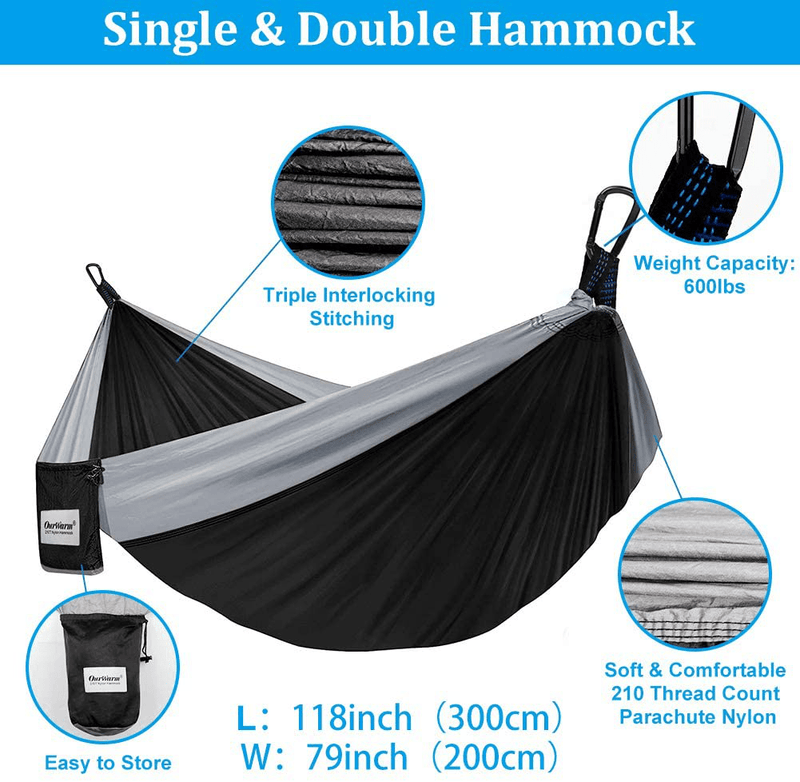 AerWo Camping Hammock Double & Single Portable Hammocks for Outside, with 2 Tree Straps, Portable Travel Hammocks for Trees, Lightweight 210D Parachute Hammock for Outdoor Camping, 118 x 78 in