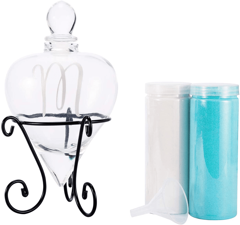 AF ANDREW FAMILY Monogrammed Etched Wedding Glass Heart Shaped Unity Set with Metal Stand- Initial M White& Blue Sand Included Home & Garden > Decor > Vases AF ANDREW FAMILY M  