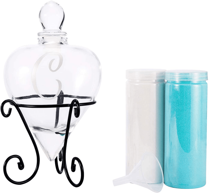 AF ANDREW FAMILY Monogrammed Etched Wedding Glass Heart Shaped Unity Set with Metal Stand- Initial M White& Blue Sand Included Home & Garden > Decor > Vases AF ANDREW FAMILY C  