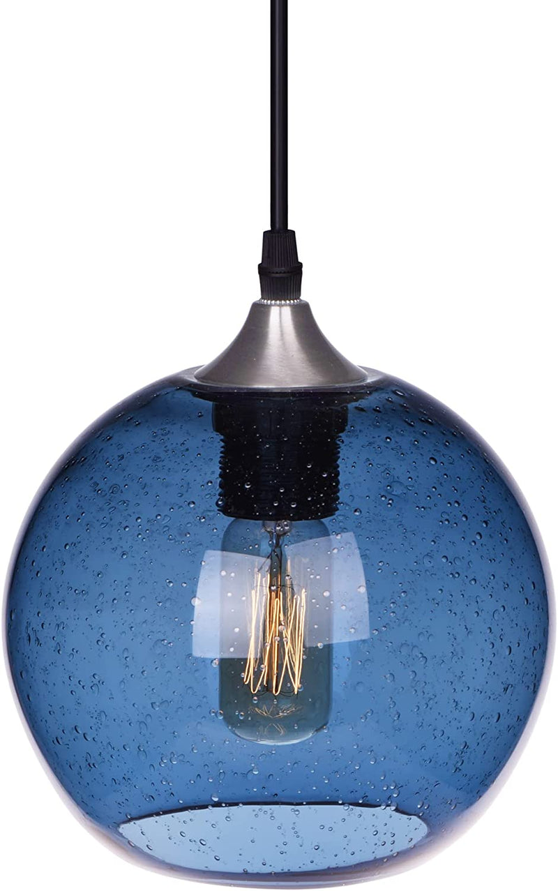 ARIAMOTION Plug in Pendant Lights with Cord Blue Glass Hanging Lighting 15 Ft Hemp Rope Seeded Bubble Globe 7.4" Diam 2-Pack Home & Garden > Lighting > Lighting Fixtures ARIAMOTION 7" Capri Blue 7" Diam 