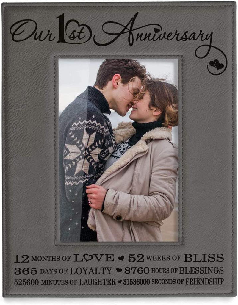 KATE POSH Our First (1St) Anniversary Engraved Leather Picture Frame - Gifts for Couple, Gifts for Him, Gift for Her, Paper, Photo Frame, First Wedding (5X7-Horizontal) Home & Garden > Decor > Picture Frames KATE POSH 4x6-Vertical (Grey)  