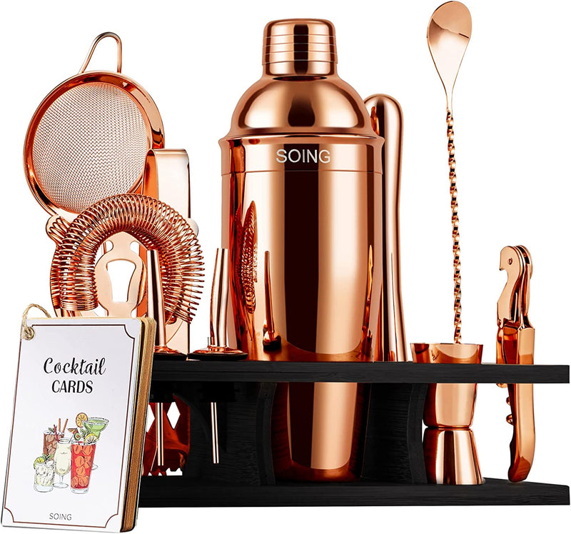 Soing 11-Piece Gold Bartender Kit,Perfect Home Cocktail Shaker Set for Drink Mixing,Stainless Steel Bar Tools with Stand,Velvet Carry Bag & Cocktail Recipes Cards (Gold) Home & Garden > Kitchen & Dining > Barware SOING Rose Copper+Black Stand  